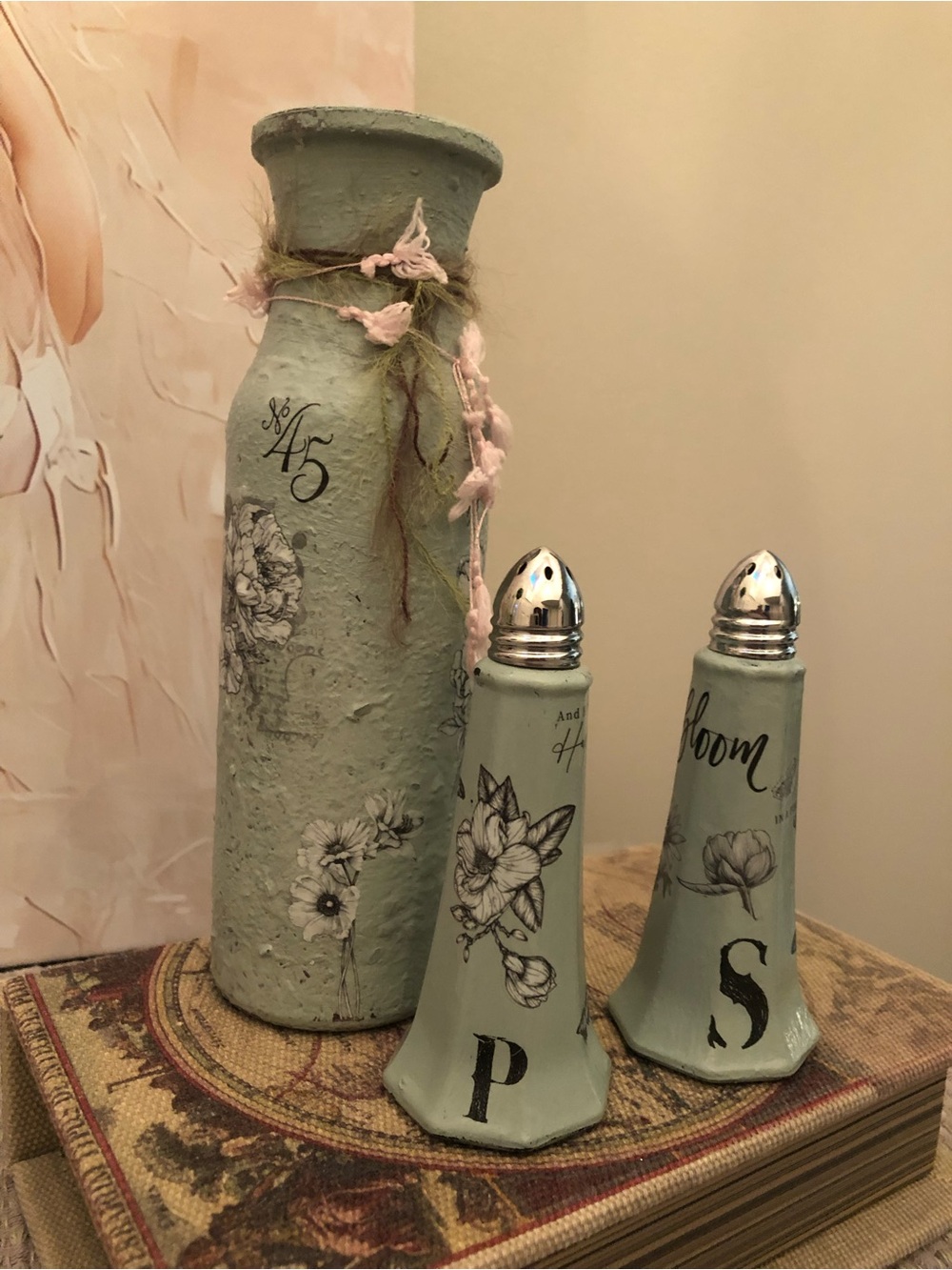 Sage Green Floral Ceramic Vase and Salt & Pepper Shaker Set